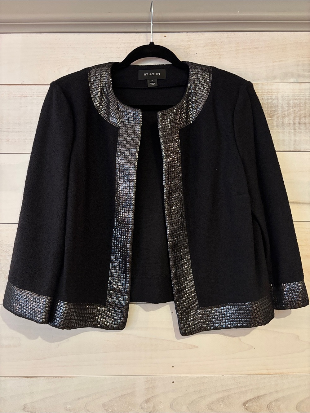 St. John Black Cropped Jacket with Shimmer Trim